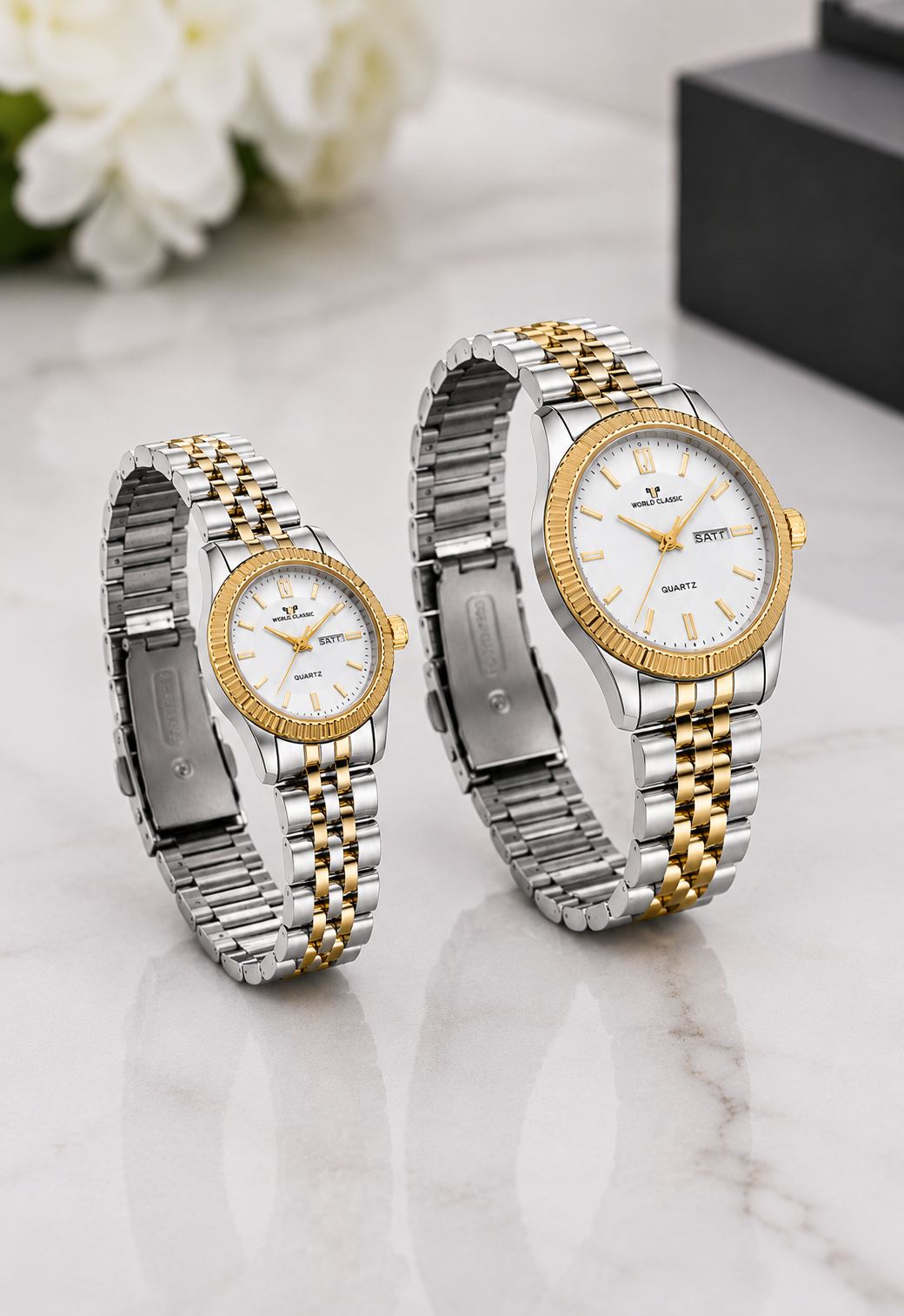 Luxury Couple Watches Set – Gold & Silver Two-Tone Quartz Watches