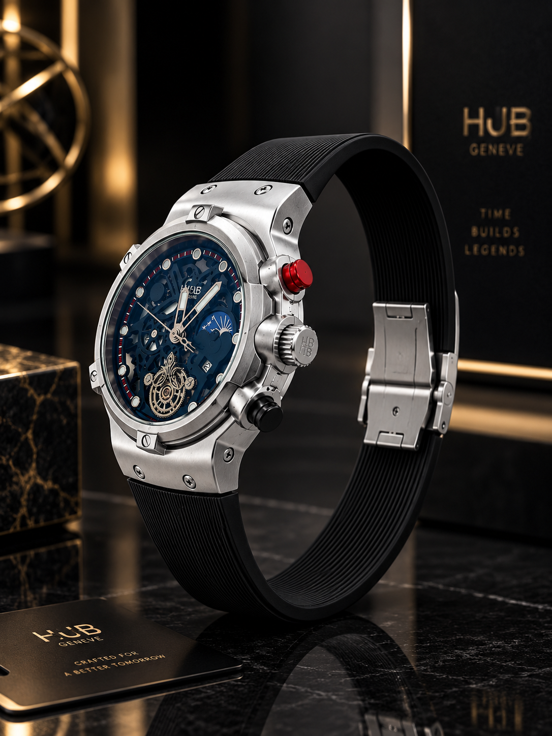 Luxury Skeleton Chronograph Watch – Premium Stainless Steel Case with Black Strap