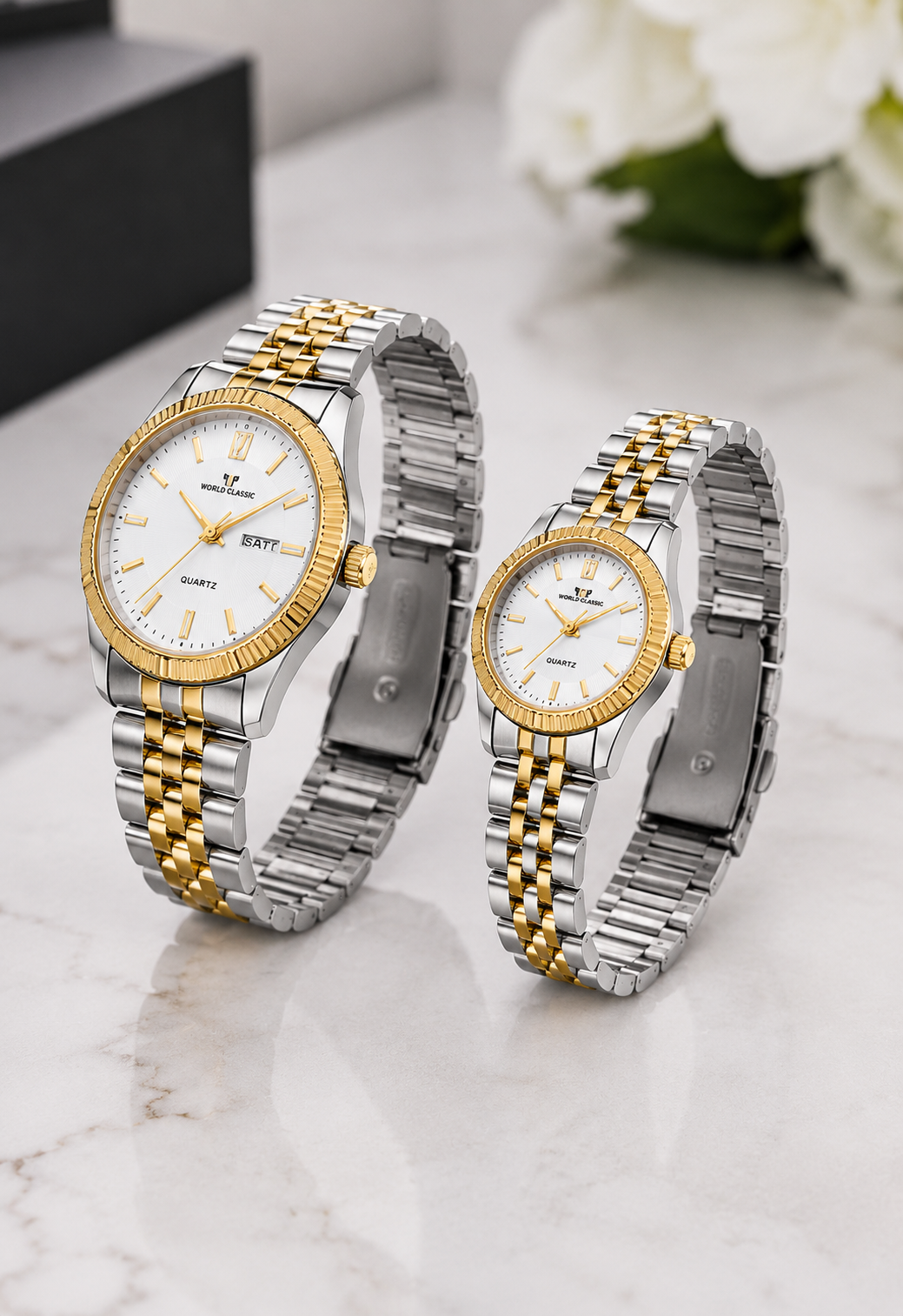 Luxury Couple Watches Set – Gold & Silver Two-Tone Quartz Watches