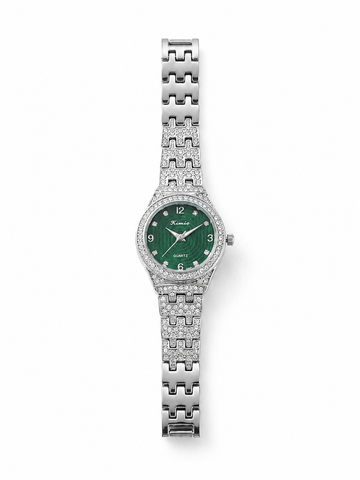 Luxury Emerald Green Dial Diamond-Studded Women's Quartz Watch – Silver Stainless Steel Strap